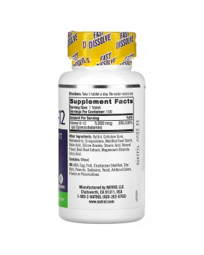 Natrol, Витамин B12, быстрорастворимый, максимальная эффективность, клубника, 5000 мкг, 100 таблеток